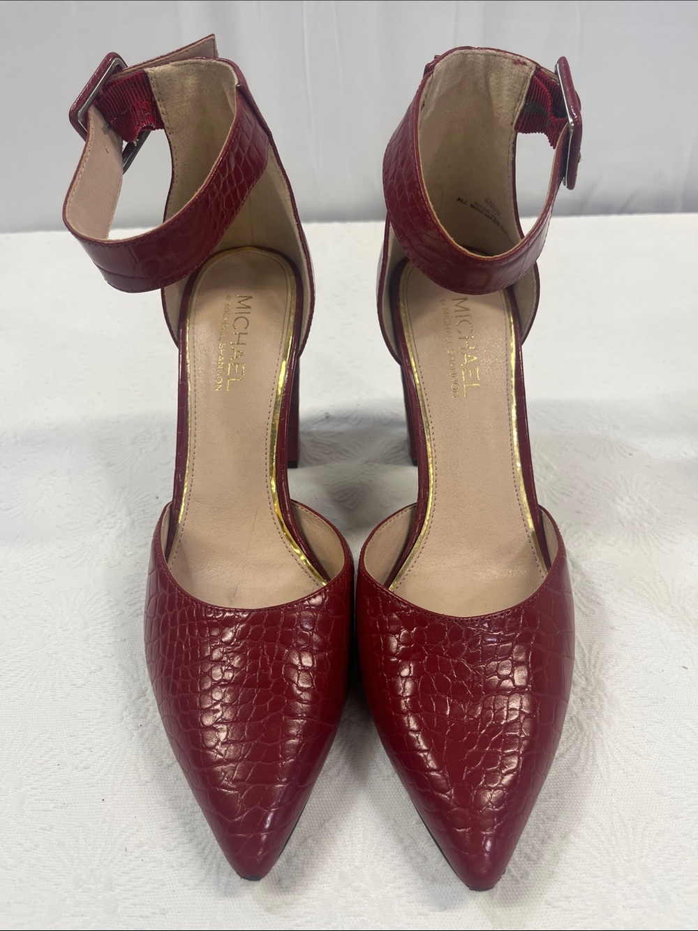 MICHAEL Michael Kors Burgundy Croc-Embossed Ankle-Strap Pumps
